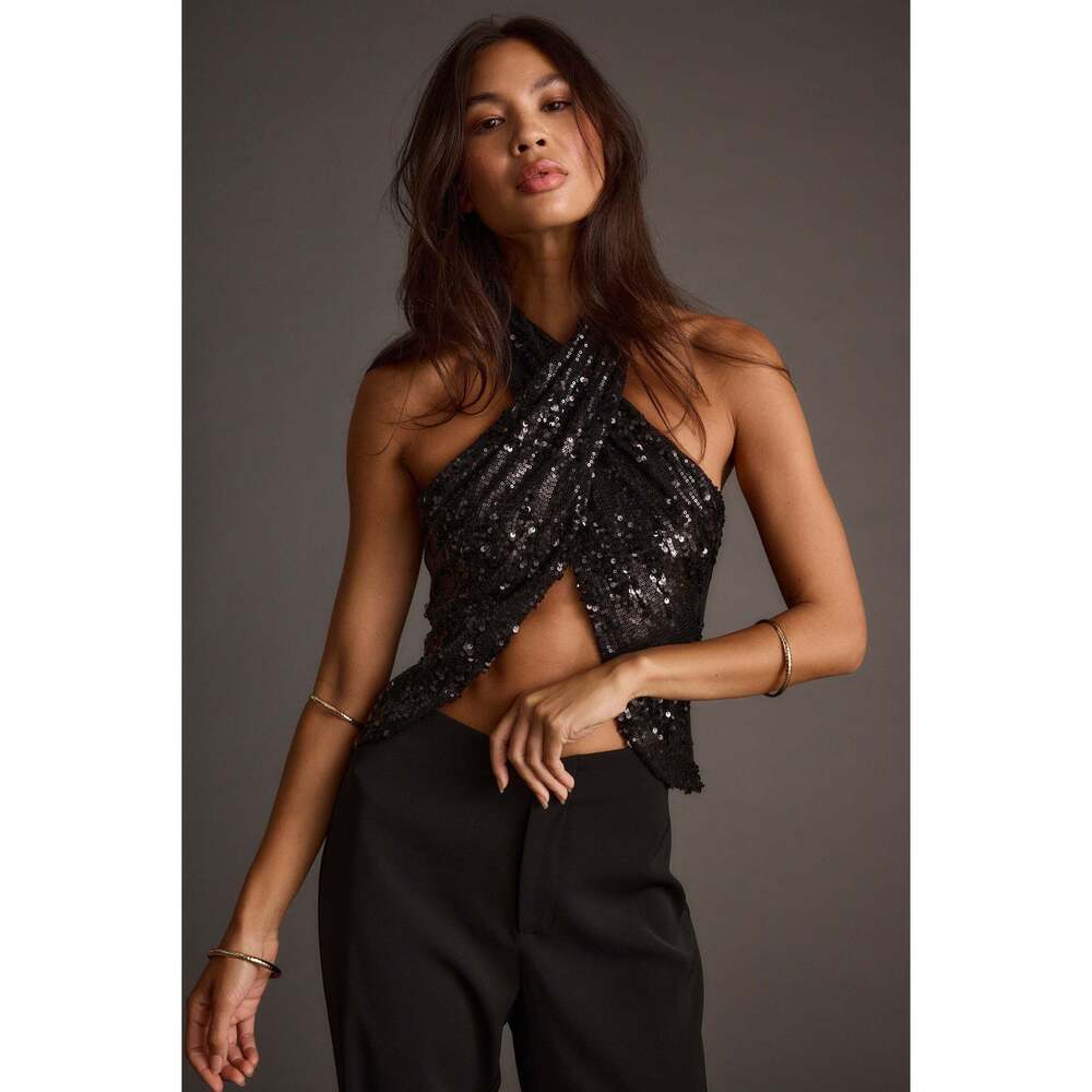 12th Tribe Celestine Black Sequin Halter Top Size MM